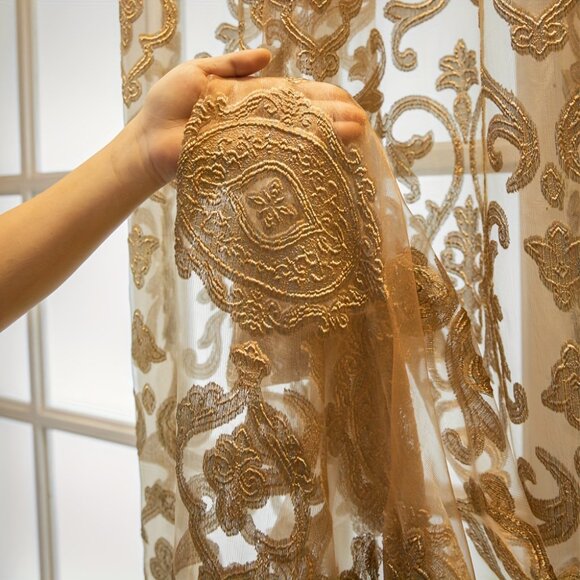2Panels Vintage Luxe Golden Jacquard Sheer Curtains With Grommet Top - Picture 11 of 12